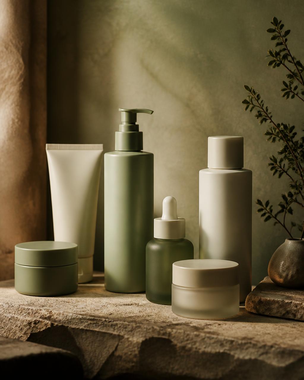 Unbranded skincare bottles and jars arranged on a stone shelf