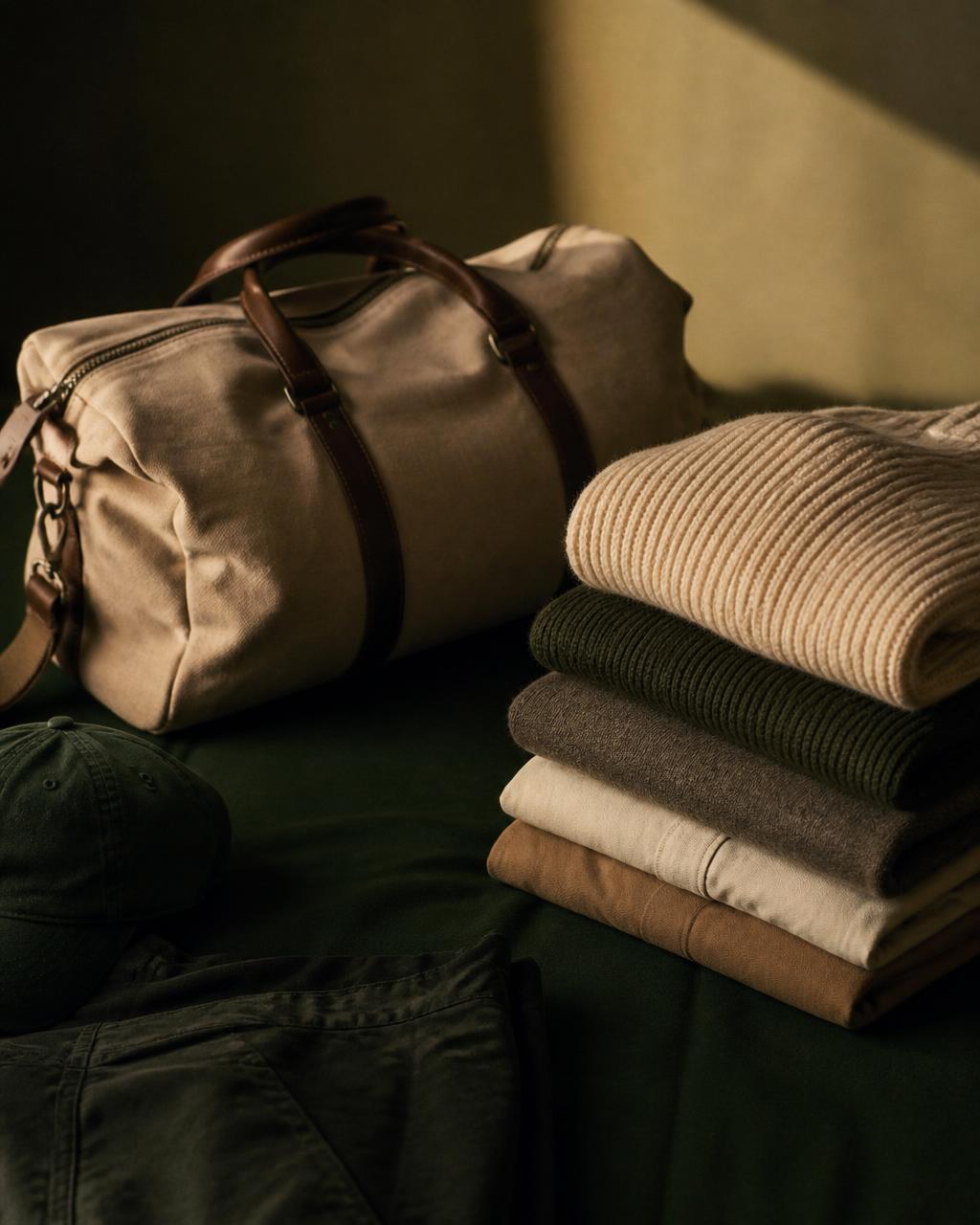 Folded seasonal knitwear beside a canvas travel duffel bag