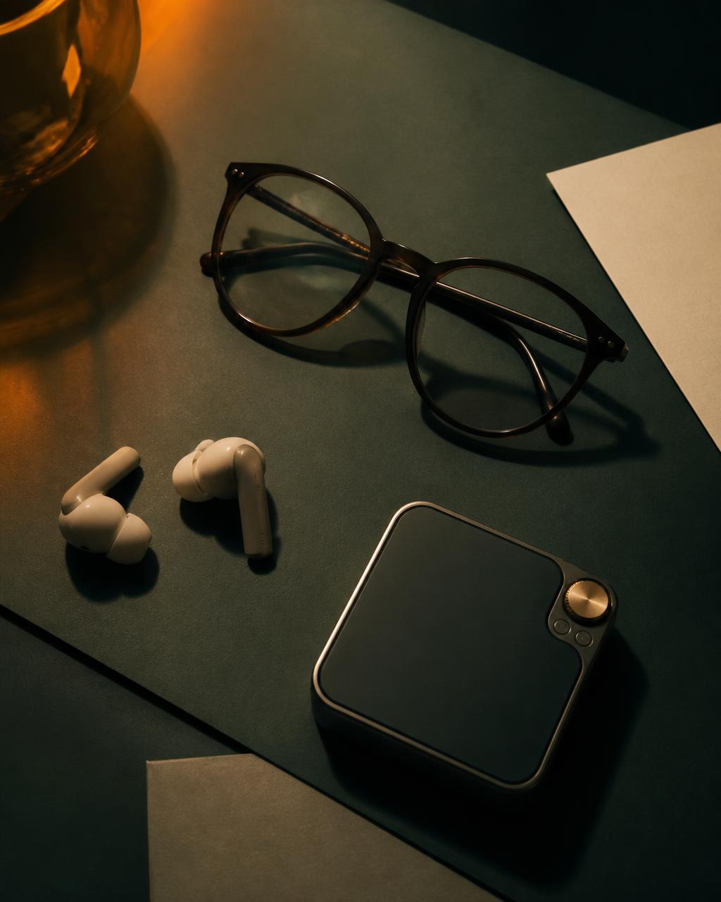 Eyeglasses, earbuds and a small electronic device on dark green paper