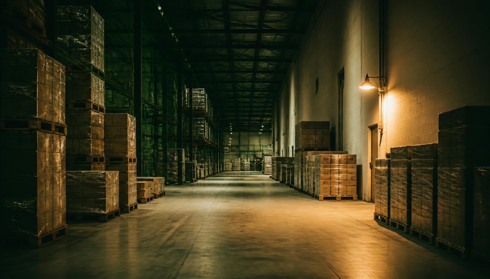 A long warehouse aisle lined with palletised stock under a single warm lamp